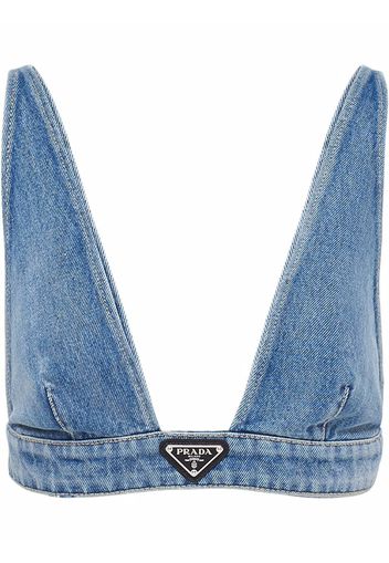 Prada Top denim con placca logo - Blu