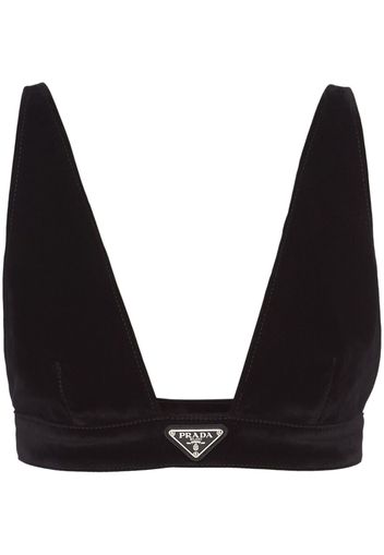 Prada triangle-logo velvet denim top - Nero