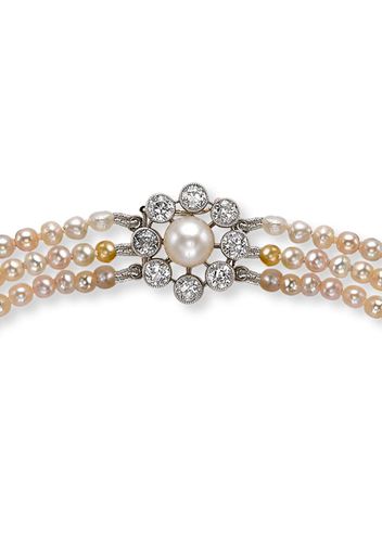 Pragnell Vintage 18kt white gold Victorian saltwater three row pearl and diamond clasp necklet - Argento
