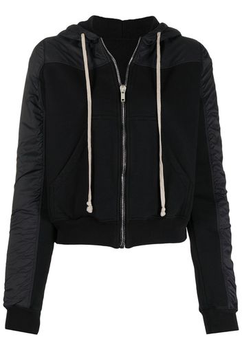 drawstring zip hoodie with contrasting textures