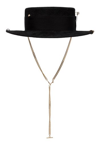 Black felt chain chin strap boater hat