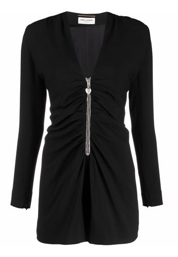 Saint Laurent ruched zip-front silk playsuit - Nero