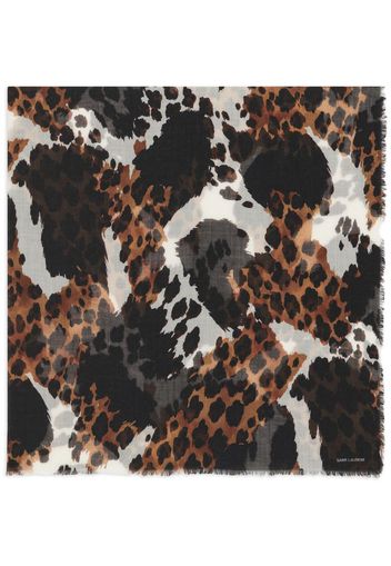 Saint Laurent animal-print fringed wool scarf - Marrone