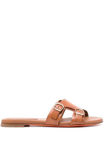 Santoni double-buckle leather slides - Marrone