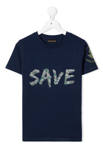 Save The Duck Kids camouflage slogan print T-shirt - Blu