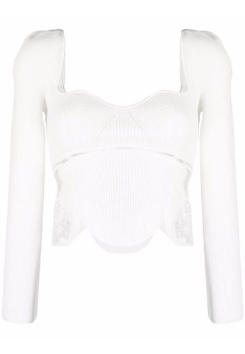 Self-Portrait ribbed lace-detail crop top - Bianco