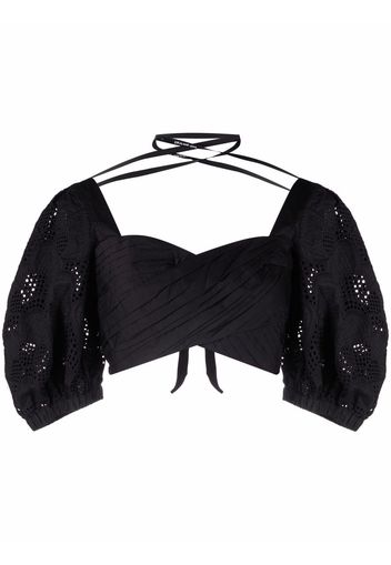 Self-Portrait lace puff-sleeves crossover cropped top - Nero