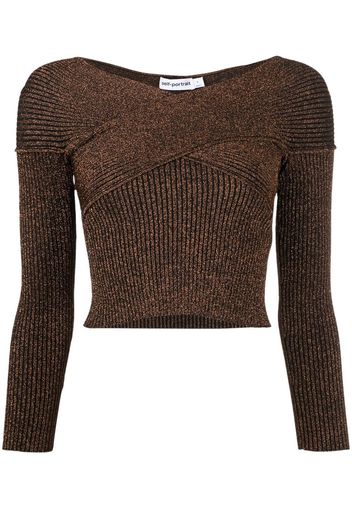 Self-Portrait off-shoulder metallic knitted top - Marrone