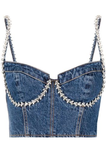 Self-Portrait crystal-embellished denim cropped top - Blu