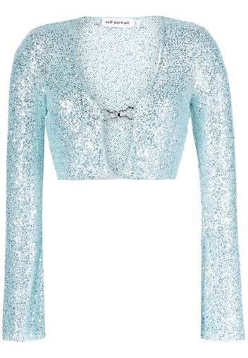 Self-Portrait beaded open-front cropped cardigan - Blu