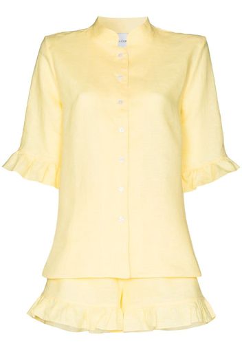 linen ruffle sleeve button-down shirt