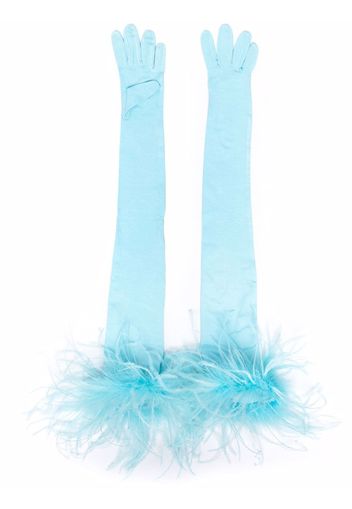 Styland feather-trim long gloves - Blu