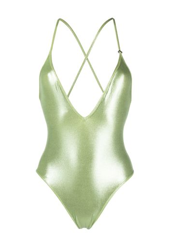 The Attico metallic-sheen V-neck swimsuit - Verde