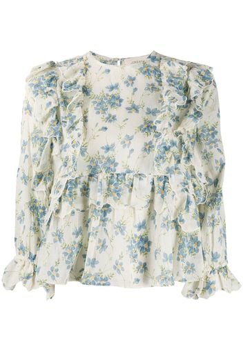 floral-print ruffled-trim blouse