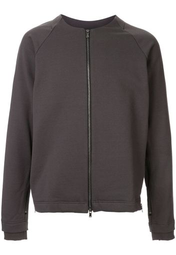 zip-front collarless sweatshirt