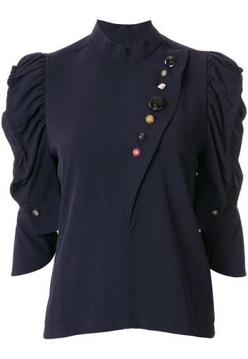 contrast button ruffle sleeve blouse