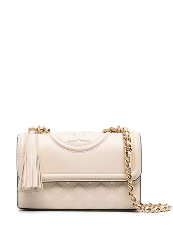 embossed and quilted cross-body bag
