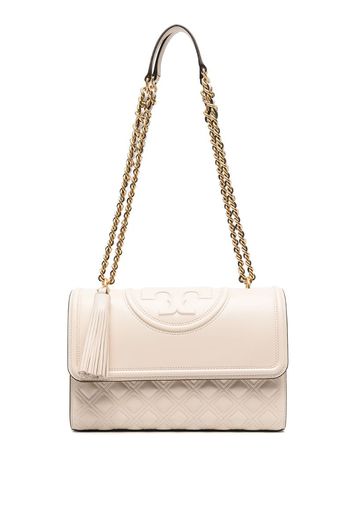 embossed and quilted cross-body bag