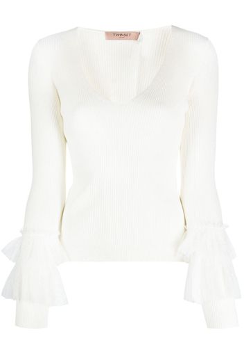 TWINSET tulle-inserts ribbed-knit top - Toni neutri