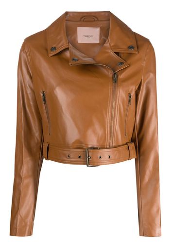 TWINSET zip-up faux-leather biker jacket - Marrone