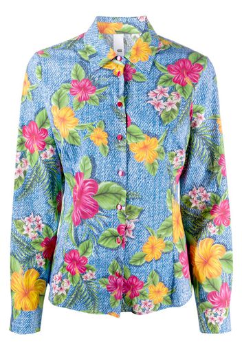 long sleeve floral print denim shirt