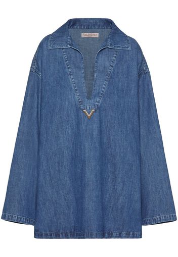 Valentino Top denim VGOLD con placca logo - Blu