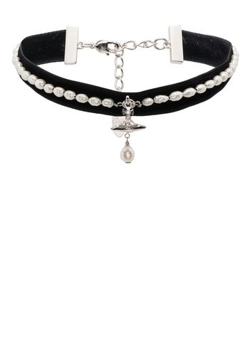 Vivienne Westwood ALEKSA CHOKER PLATINUM/BLACK Velvet/CREAMROSE Pearl/CRYSTAL - Nero