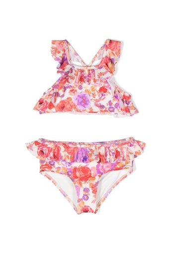 ZIMMERMANN Kids leaf-print ruffled bikini - Rosso