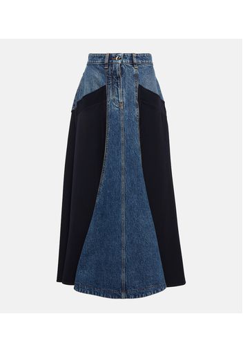 Gonna midi in denim e gabardine di lana