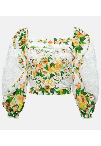 Blusa in cotone con pizzo e stampa