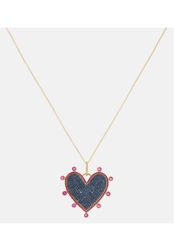 Collana Halo Heart in oro 18kt con rubini e zaffiri