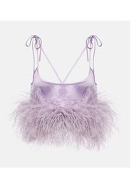 Top cropped in raso di misto seta con piume