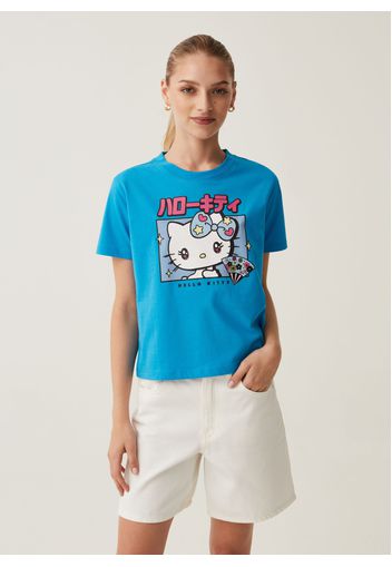 T-shirt In Cotone Con Stampa Hello Kitty, Donna, Azzurro, Taglia: M