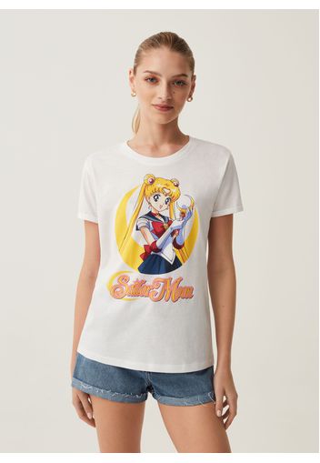 T-shirt In Cotone Con Stampa Sailor Moon, Donna, Bianco ottico, Taglia: S