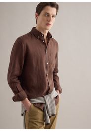 PIOMBO, Camicia A Maniche Lunghe In Puro Lino Marrone Regular Fit, Uomo, Marrone, Taglia: S