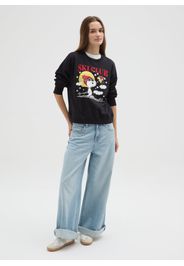 PEANUTS, Felpa Girocollo Nera In Misto Cotone Regular Fit Con Stampa Peanuts, Donna, Nero, Taglia: XXL