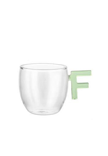 Tazzina caffè lettera F verde in vetro borosilicato, 150 ml