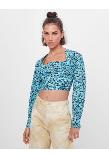 Bershka Camicetta Fiori Arricciata Donna L Azzurro