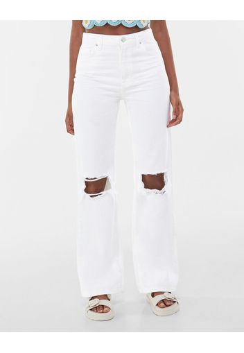 Bershka Jeans Straight High Waist Donna 42 (Eu 38) Bianco