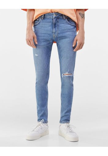 Bershka Jeans Super Skinny Strappi Uomo 54 (Eu 48) Azzurro Lavato