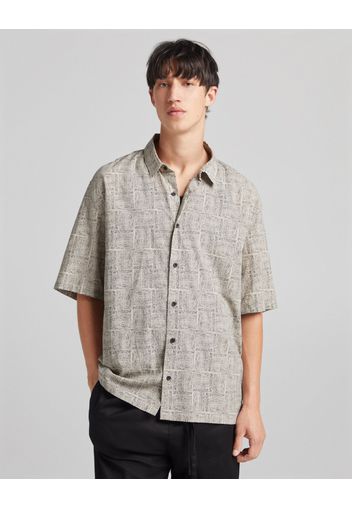 Bershka Camicia Maniche Corte Cotone Relax Fit Stampa Uomo Xl Sabbia