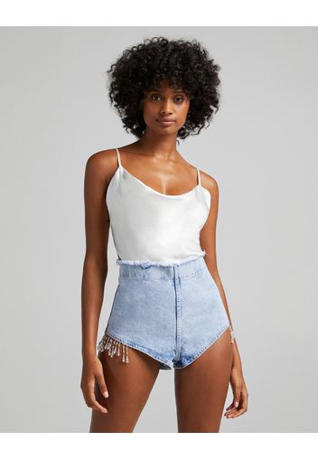 Bershka Shorts Denim High Waist Perline Donna 40 (Eu 36) Azzurro Chiaro