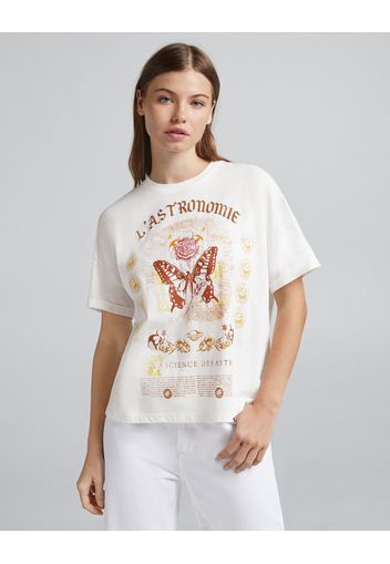 Bershka Maglietta A Maniche Corte Oversize Stampata Donna Xs Bianco