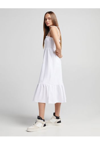 Bershka Vestito Midi In Popeline Spalline E Scollo Donna M Bianco