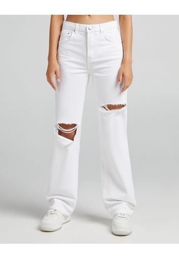 Bershka Pantaloni Twill Straight Fit Strappati Donna 44 (Eu 40) Bianco