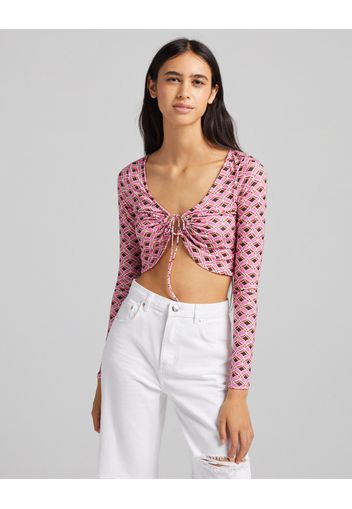 Bershka Maglietta Maniche Lunghe Stampa Donna Xs Rosa