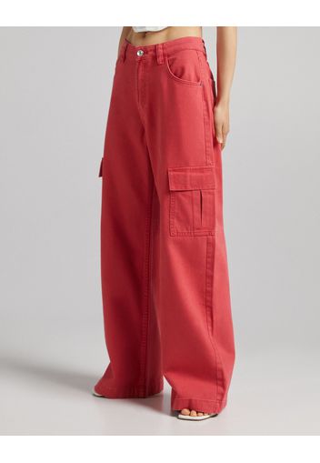 Bershka Pantaloni Twill Wide Leg Cargo Donna 44 (Eu 40) Rosso