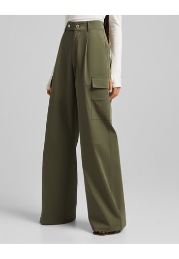 Bershka Pantaloni Gamba Super Larga Cargo Donna 36 (Eu 32) Kaki