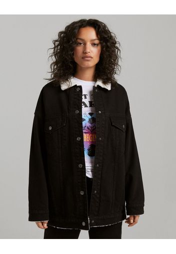 Bershka Giubbotto Denim Oversize Effetto Montone Sintetico Donna Xxs Nero