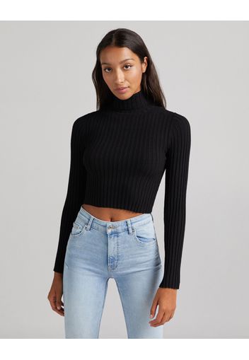 Bershka Maglia Cropped A Coste Collo Alto Donna Xs Nero